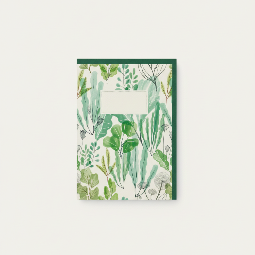 Greeting Card with green leaf pattern on a white background