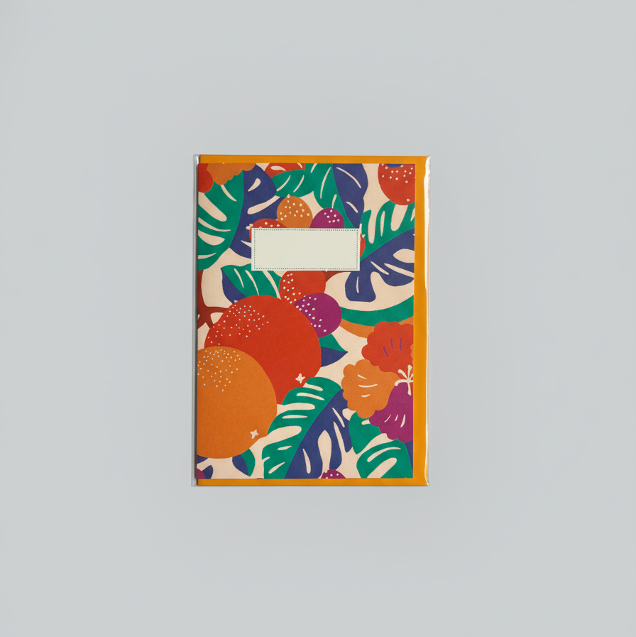 Colorful leaf-patterned greeting card on a light gray background