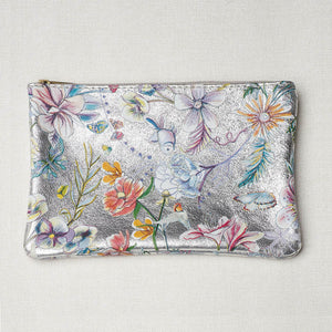 Floral Printed Silver Metallic Zip Pouch L