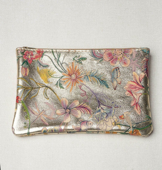 Floral Printed Gold Metallic Zip Pouch L