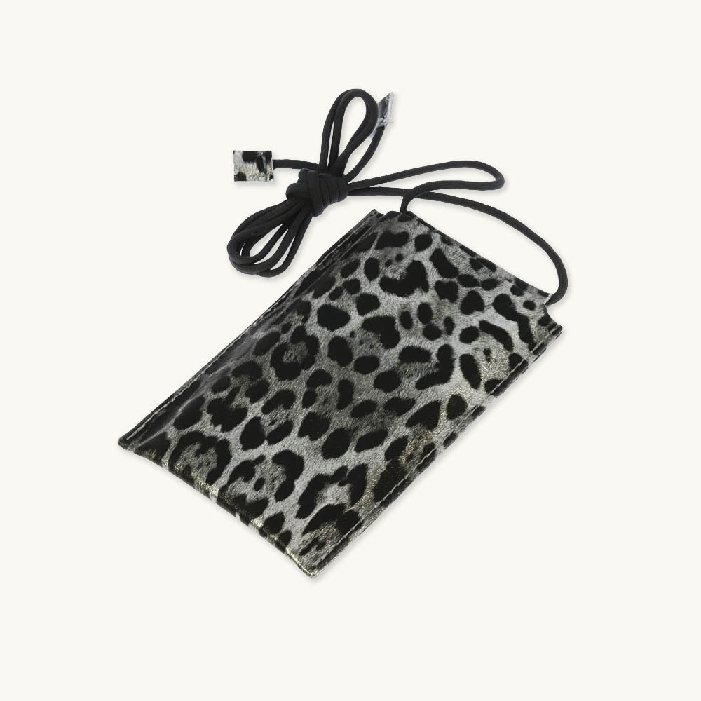 Silver Leopard Metallic Leather Phone Pouch