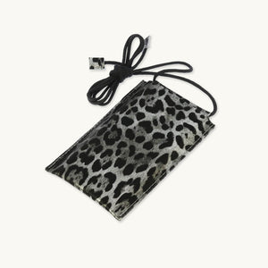 Silver Leopard Metallic Leather Phone Pouch