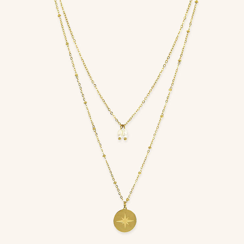 Layered disk-pearl ST Necklace