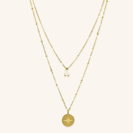 Layered disk-pearl ST Necklace