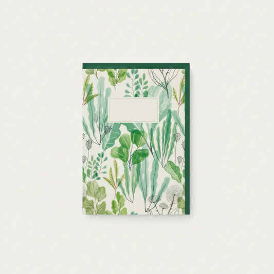 Greeting Card with green leaf pattern on a white background