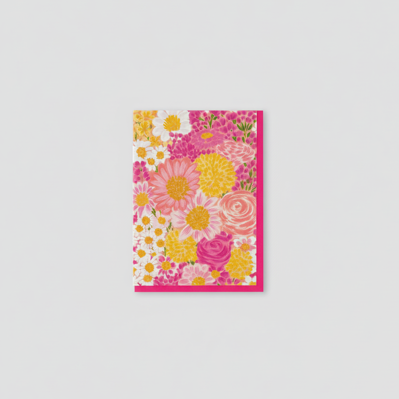 Floral greeting card with pink and yellow flowers and pink envelope