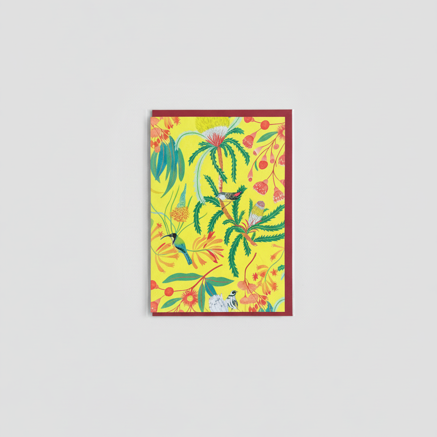 Colorful greeting card with a tropical design on a white background