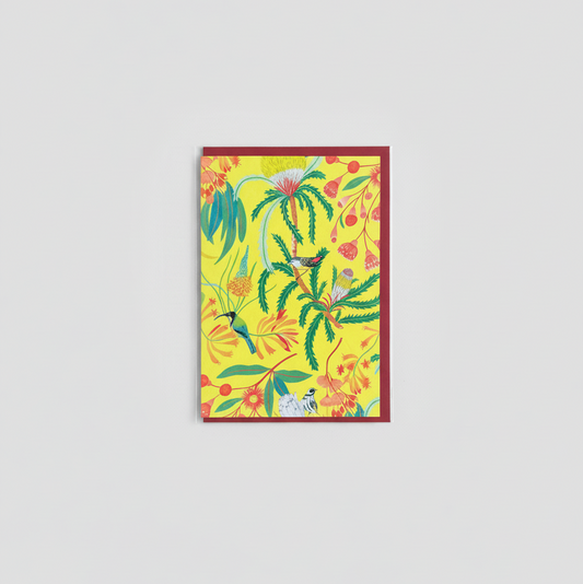 Colorful greeting card with a tropical design on a white background