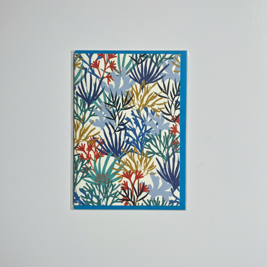 Colorful abstract design on a greeting card against a light gray background