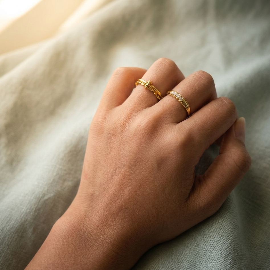 Hand wearing two gold rings on a soft fabric background