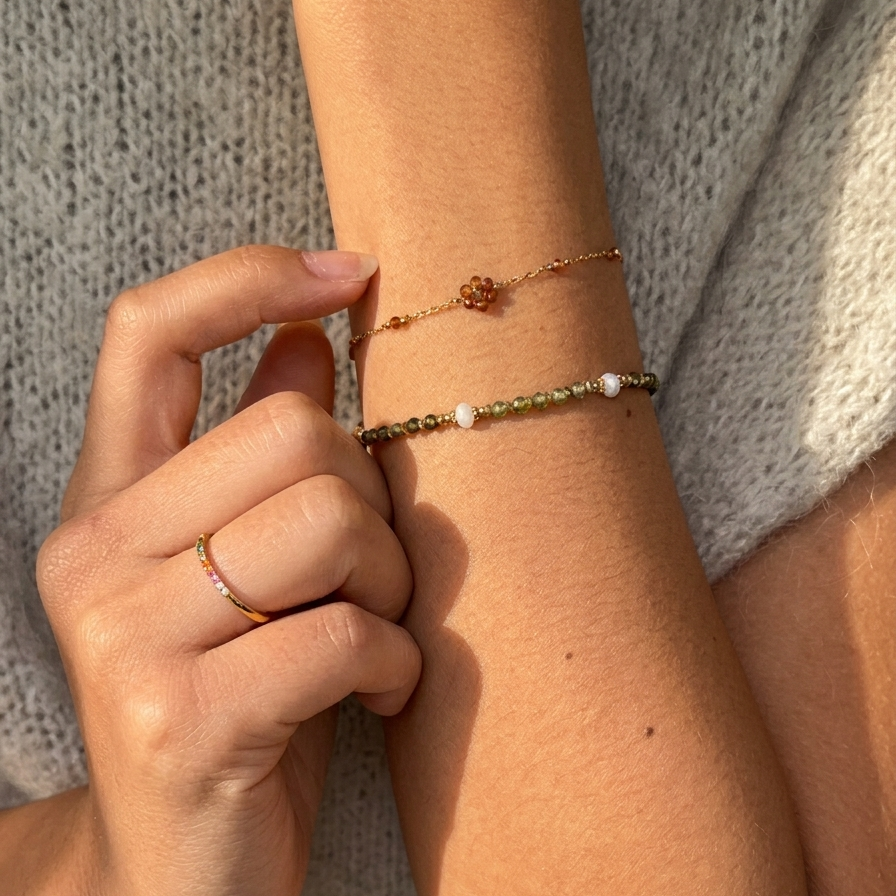 Close-up of a person's wrist with a bracelet and ring, wearing a textured sweater.