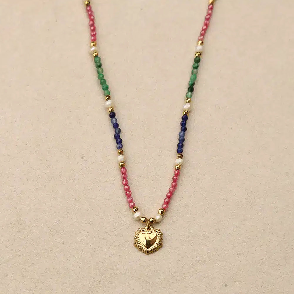 Serava Multicolor Pearl Stone Heart Necklace