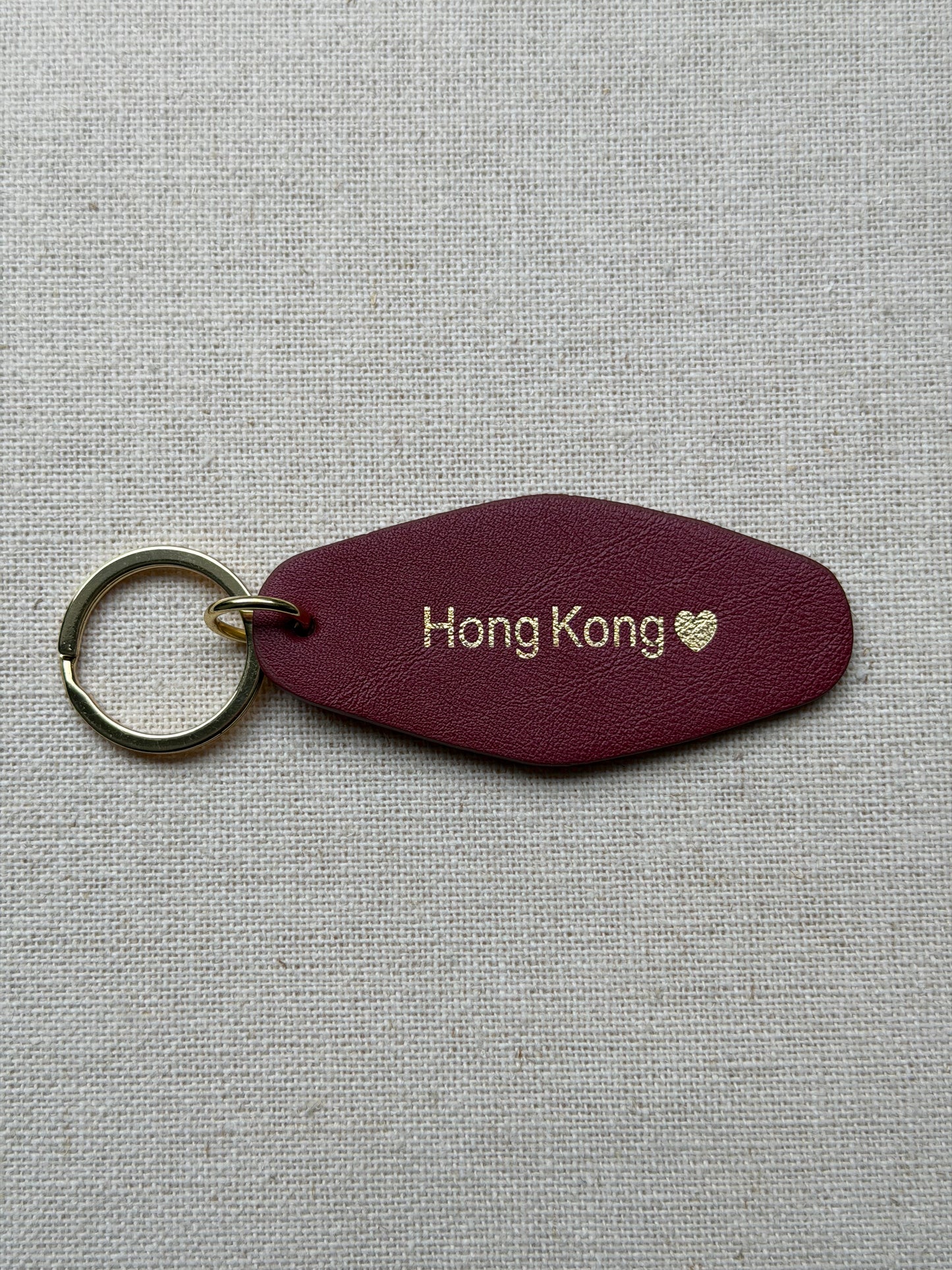 Bordeaux Leather Keychain with Hong Kong on it