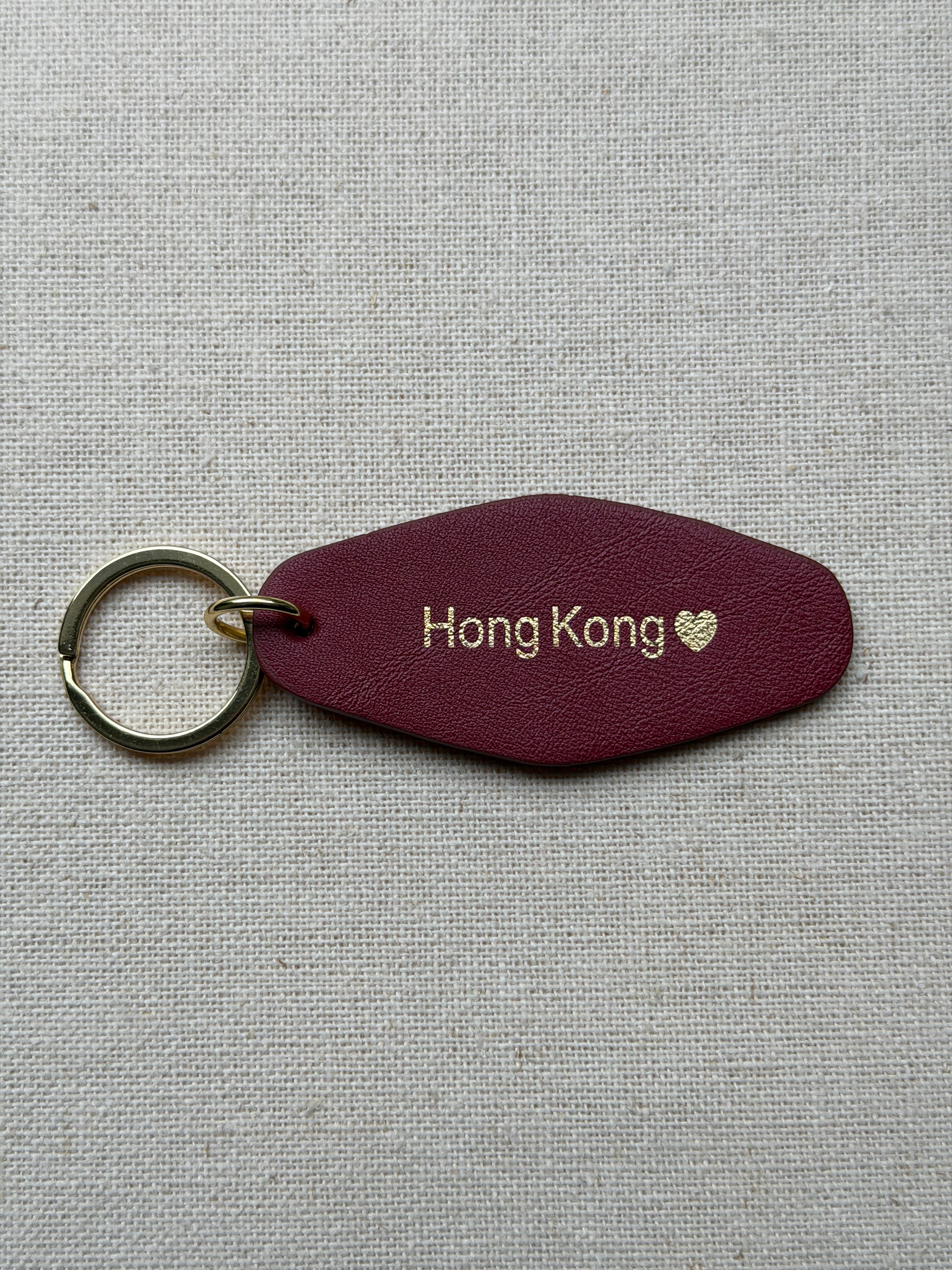 Bordeaux Leather Keychain with Hong Kong on it