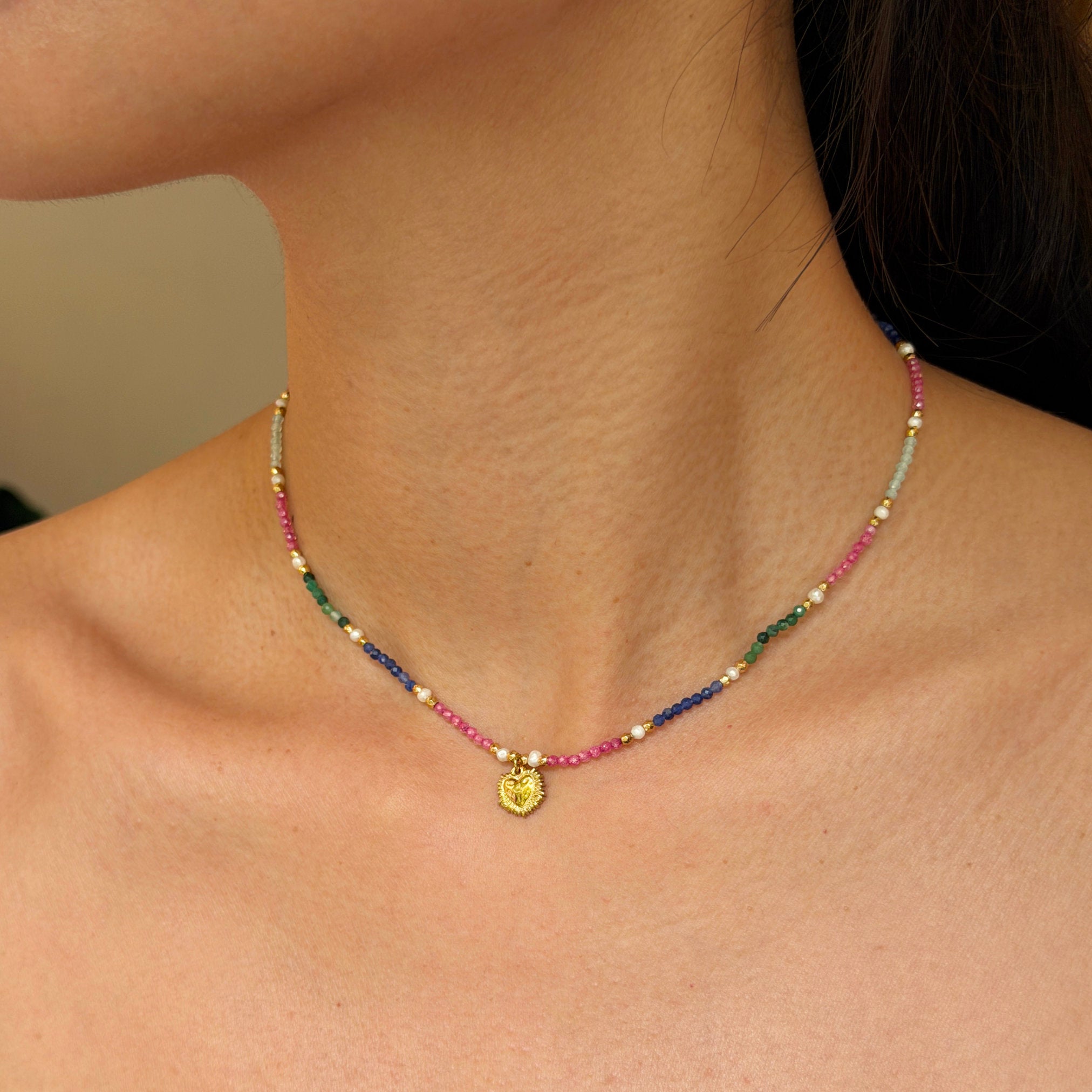Serava Multicolor Pearl Stone Heart Necklace