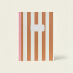 Notebook with pink and brown striped cover on a white background