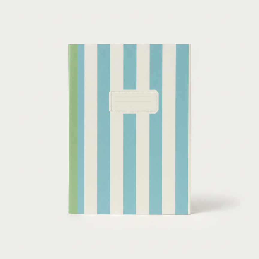Notebook with blue and green striped cover on a white background