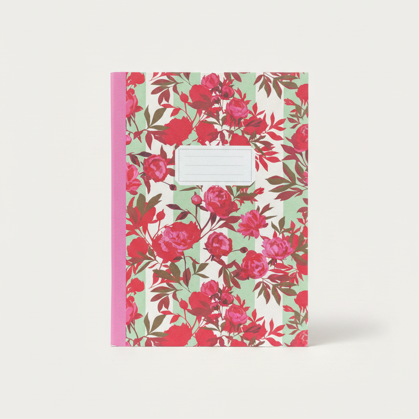 Floral notebook with pink and red flowers on a light green background