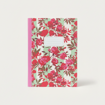 Floral notebook with pink and red flowers on a light green background