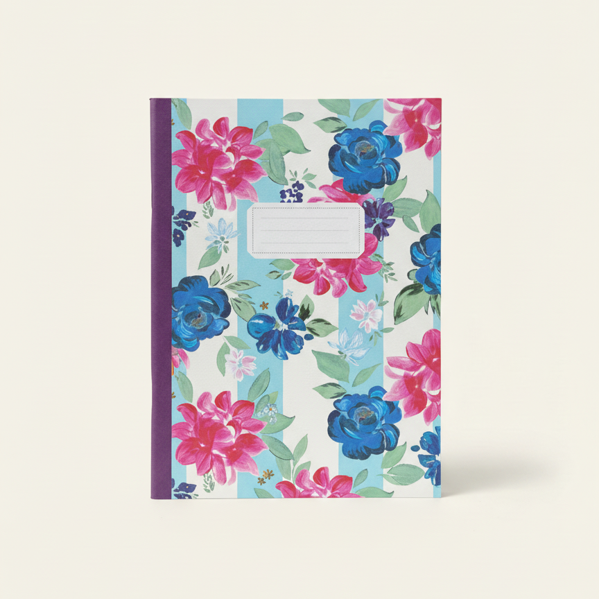 Floral notebook with pink and blue flowers on a white background