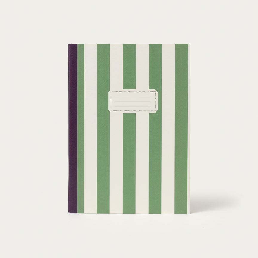 Notebook with green and white striped cover on a white background