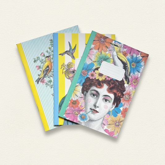 Three colorful notebooks with vintage-style designs on a light beige background