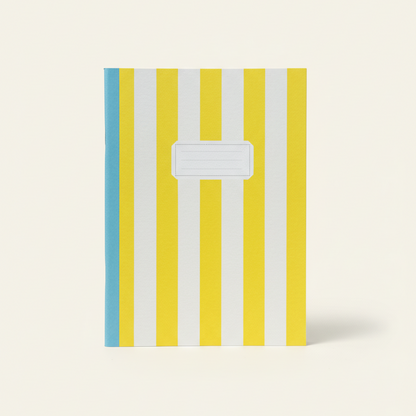 Notebook with yellow and blue striped cover on a white background