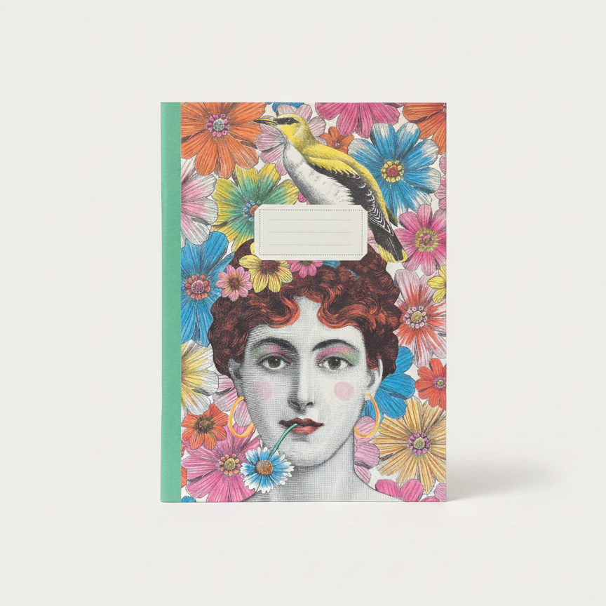 Notebook with a colorful design featuring a woman's face and flowers on a white background