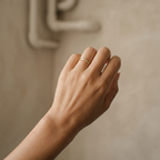 Hand wearing a gold ring on a neutral background