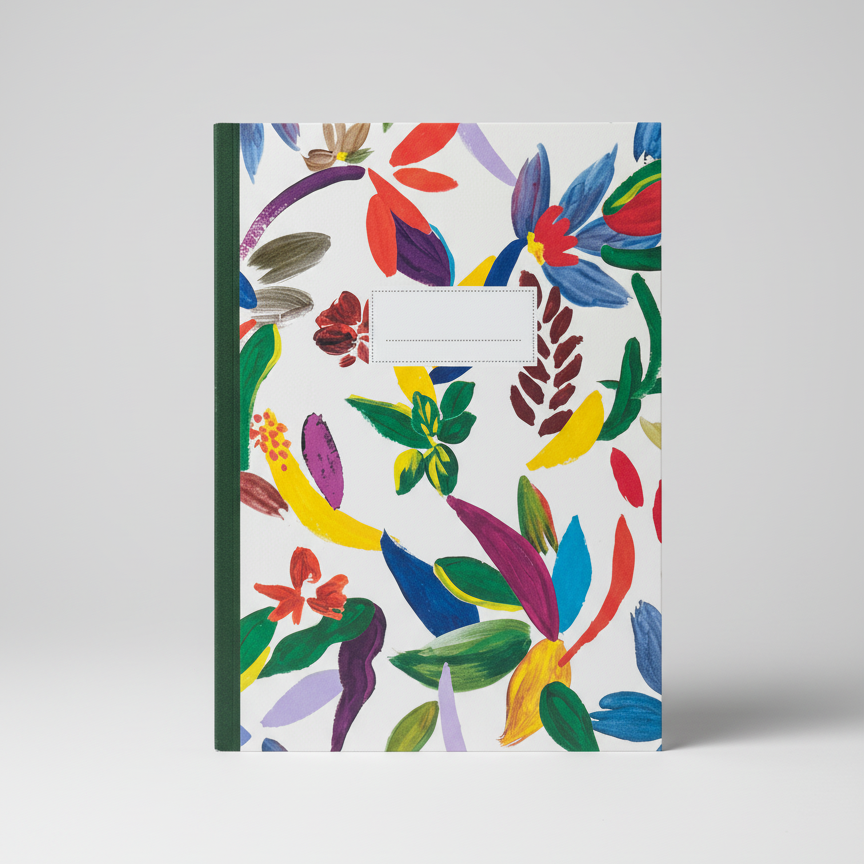 Notebook with colorful floral design on a white background