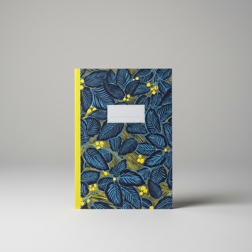 Notebook with blue floral pattern on a gray background