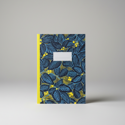 Notebook with blue floral pattern on a gray background