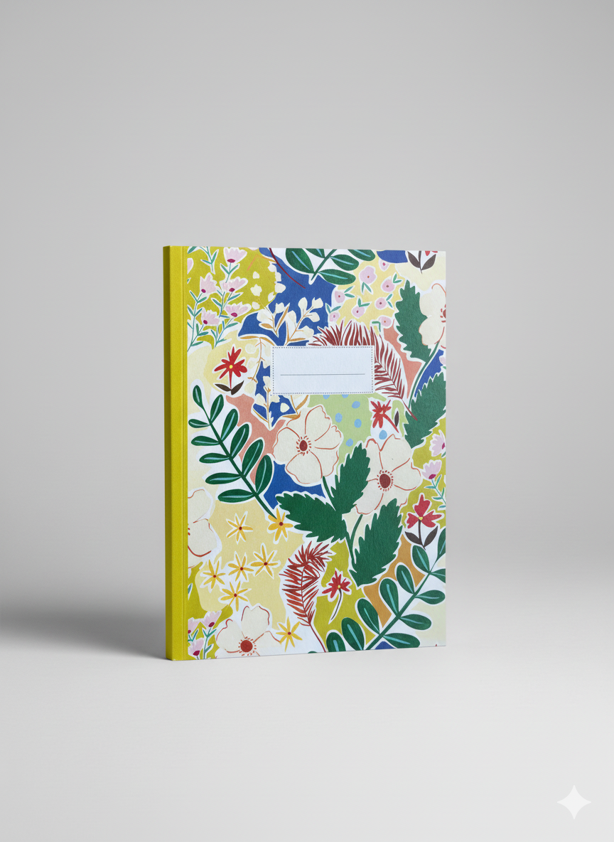 Notebook with floral design on a gray background