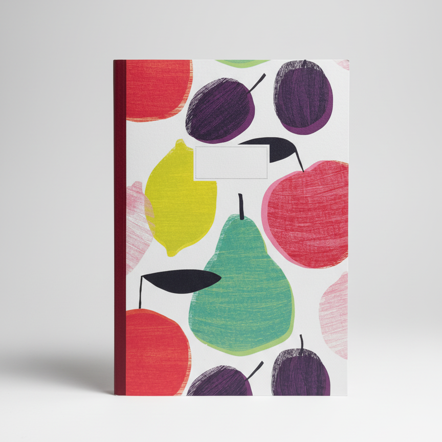 Notebook with colorful fruit pattern on a white background