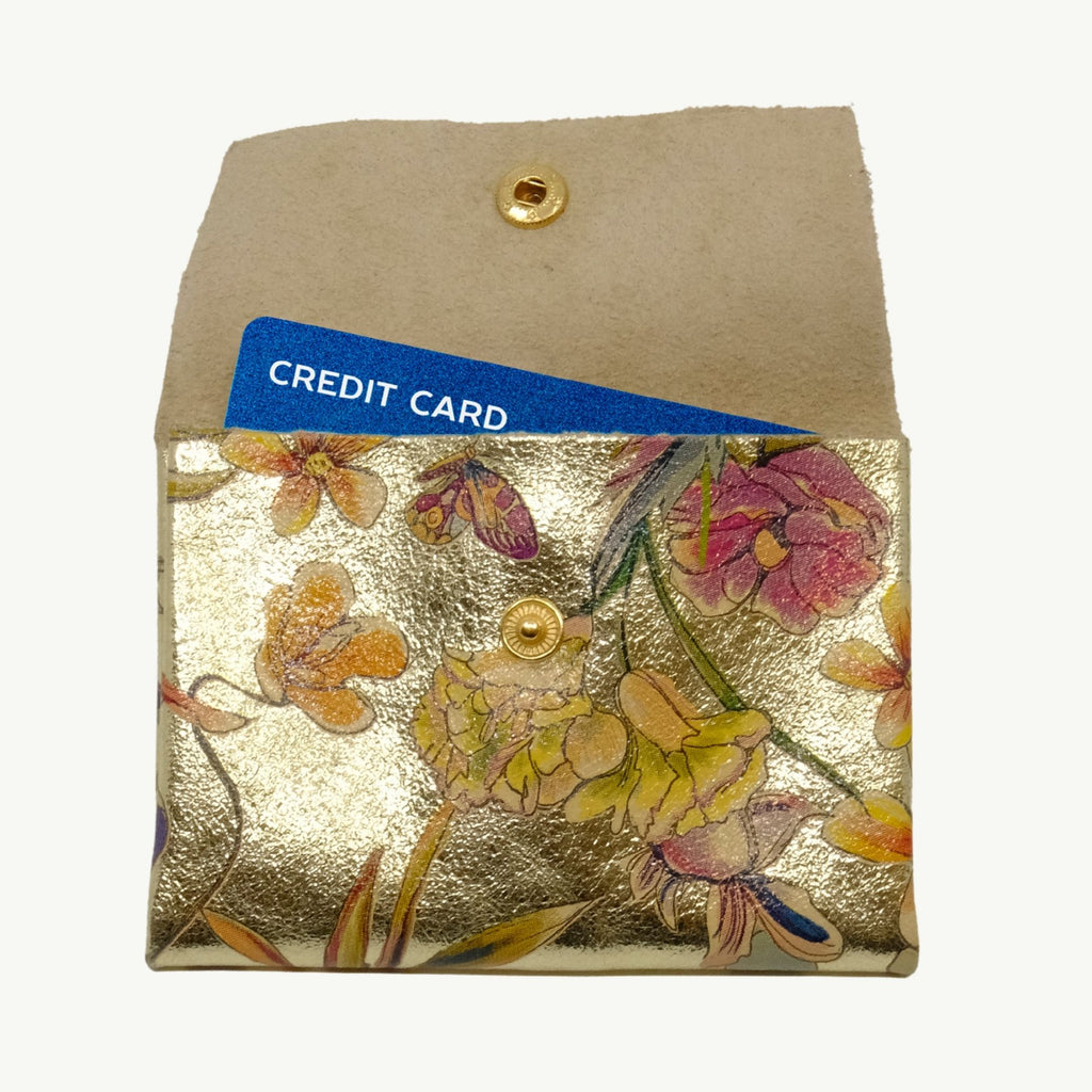 Floral Printed Gold Metallic Two Layer Wallet