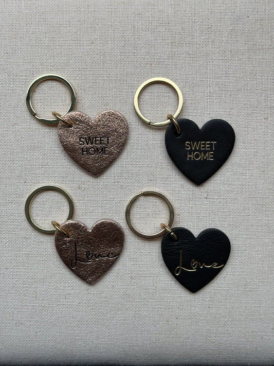 Heart shaped leather Keychain in black and rose