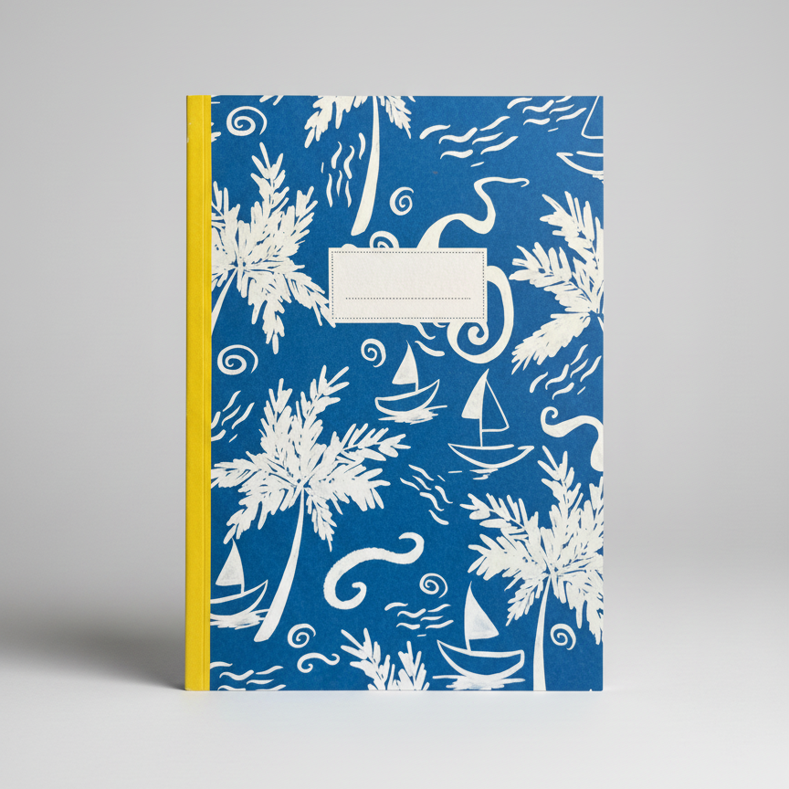 Notebook with a blue cover featuring white palm tree and sailboat patterns on a gray background