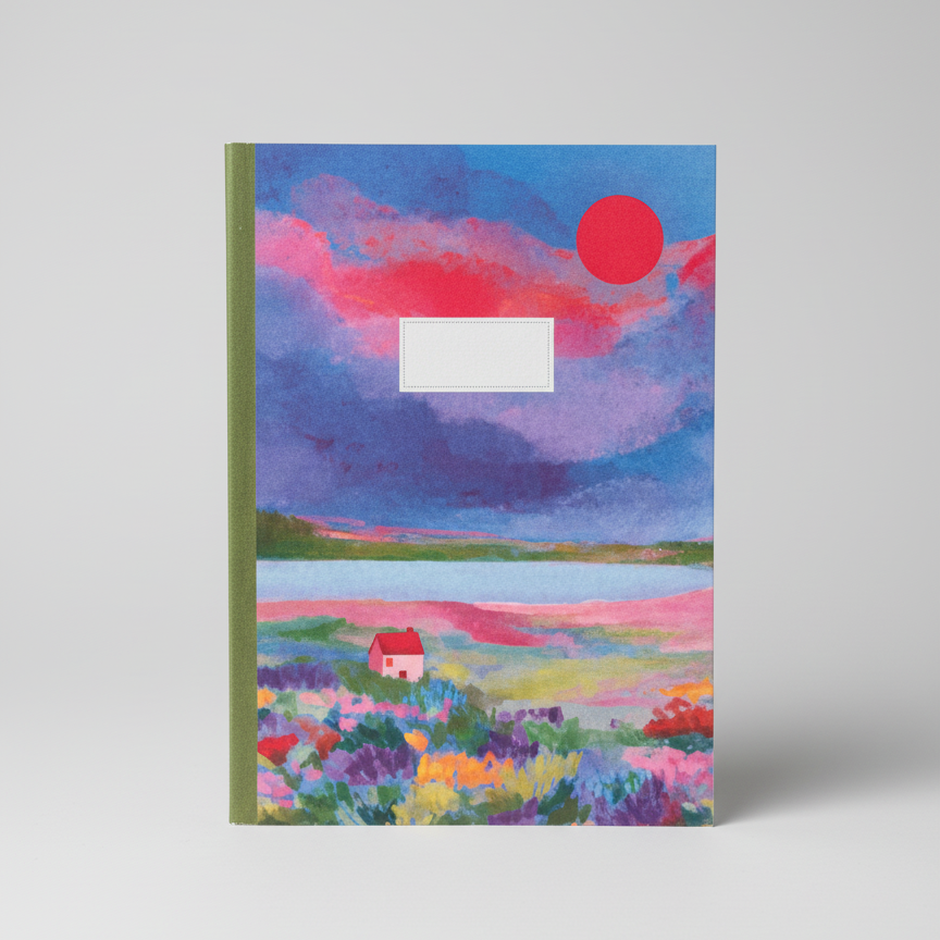 Notebook with a colorful landscape design on a white background