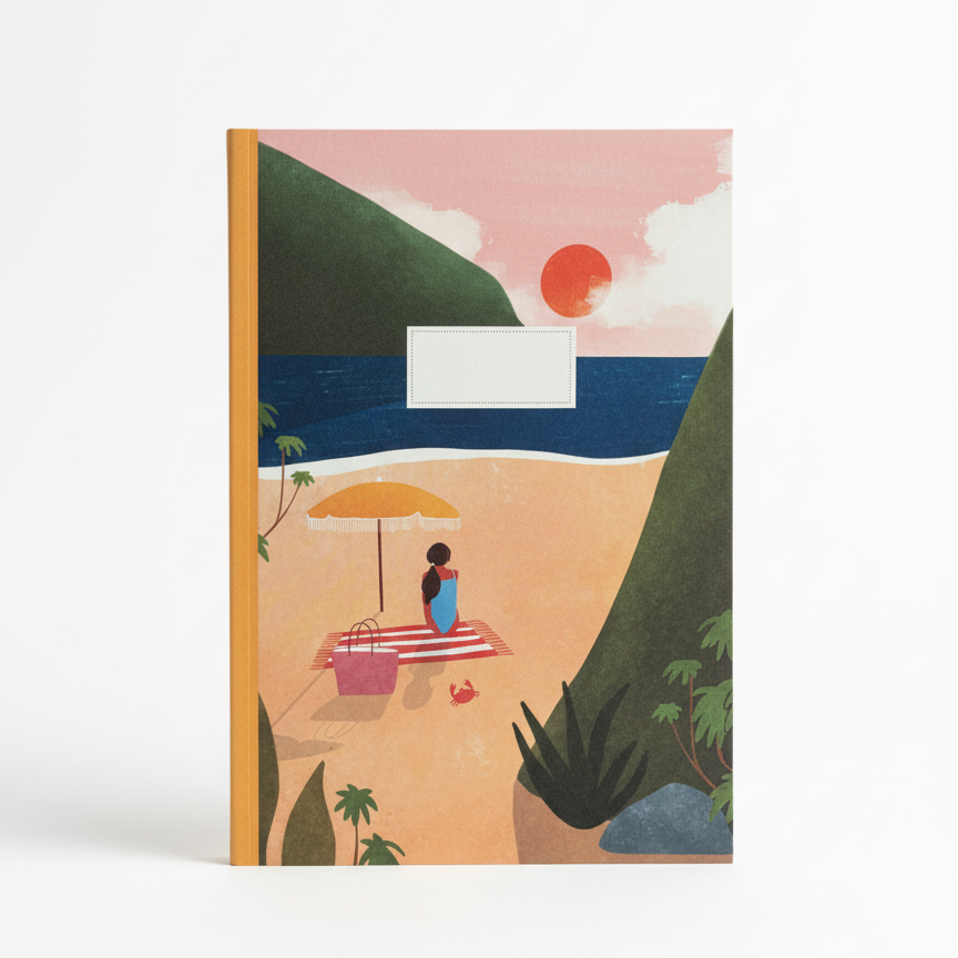 Notebook with a beach scene illustration on the cover