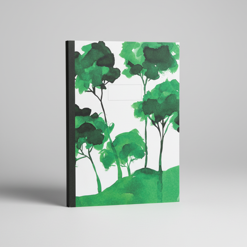 Notebook with green tree design on a white background