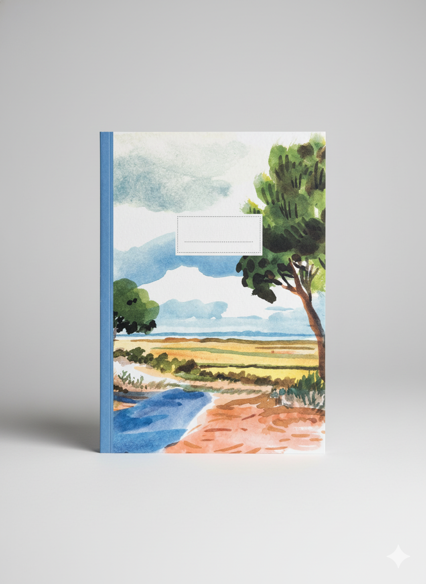 Notebook with a scenic cover design on a gray background
